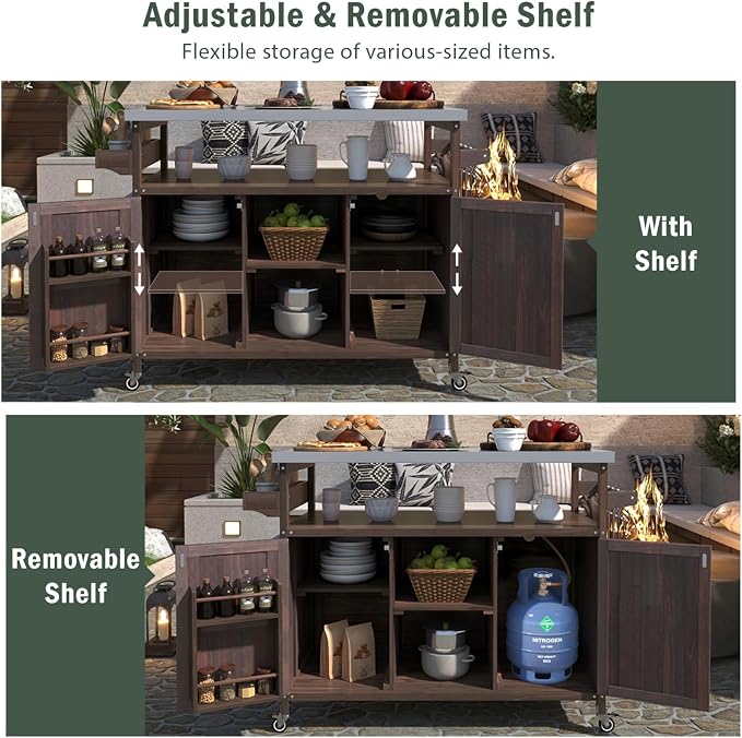 50.25" Outdoor Grill Table with Storage & Locking Wheels | Outdoor grill table,outdoor wood cabinet for grill,kitchen island with storage,steel top,spice rack,prep table for grilling