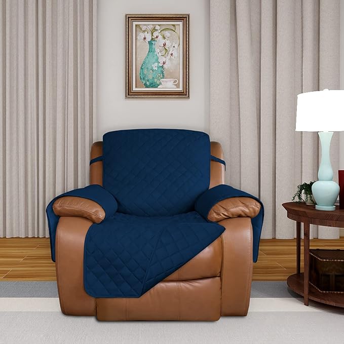PureFit Reversible Quilted Oversized Recliner Sofa Cover, Water Resistant Furniture Protector, Washable Couch Cover with Elastic Straps for Kids, Pets (Large, Classic Navy/Navy) | Navy/Navy, Water Resistant Couch Protector, Washable Pet Couch Cover wit...