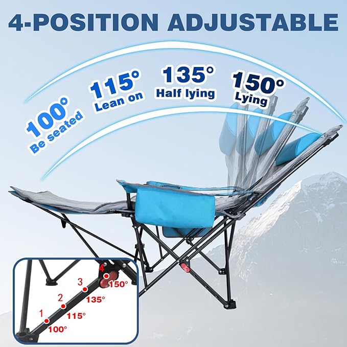 2-Pack Reclining Camping Chair 4 Position with Foot Rest Comfortable for Adults 265Ibs Folding Lounger Mesh Beach Chair with Cooler Bag,Cotton Cushion and Cup Holder for Outdoor Patio