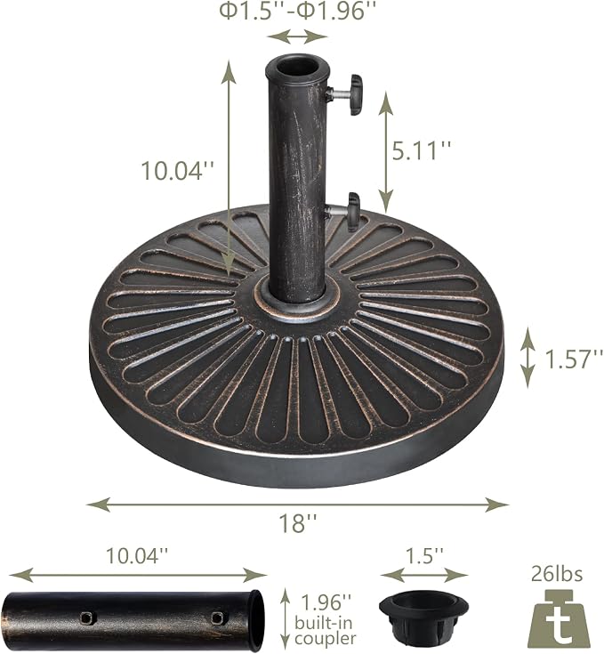 EliteShade USA 18" Patio Umbrella Base Stand, 30LBS Heavy Duty Cast Resin Rust-Free Outdoor Umbrella Holder with 2 Adjustable Knobs for Backyard, Deck, Lawn, Poolside Fits 1.5"-1.9" Poles, Bronze
