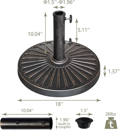 EliteShade USA 18" Patio Umbrella Base Stand, 30LBS Heavy Duty Cast Resin Rust-Free Outdoor Umbrella Holder with 2 Adjustable Knobs for Backyard, Deck, Lawn, Poolside Fits 1.5"-1.9" Poles, Bronze