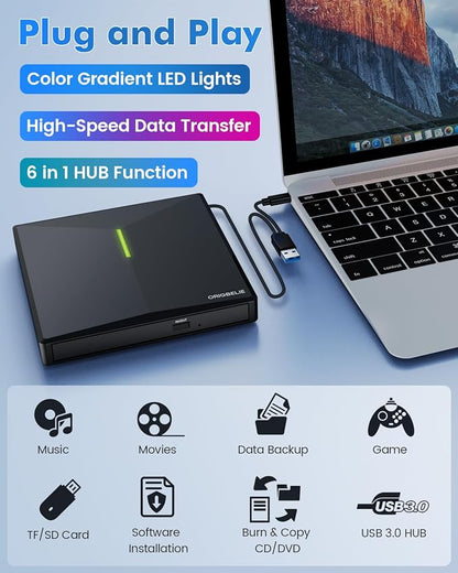 ORIGBELIE External CD DVD Drive, 4 USB & 2 TF/SD Card Ports & Carrying Case | USB C 3.0 Optical Disk Drive, Portable CD/DVD Player Burner Reader Writer for Laptop MacBook Desktop PC Windows Linux Mac OS