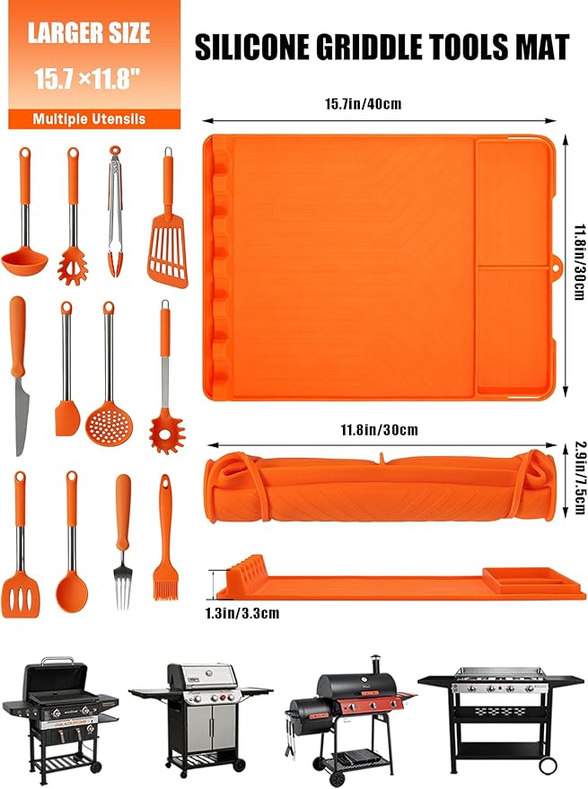 Rollable Silicone Grill Mat for Blackstone Griddle, Heat-Resistant Side Shelf Organizer with Drip Tray for Griddle Tools & BBQ Accessories, Non-Slip Outdoor Grill Mat Gift for Men (Orange)