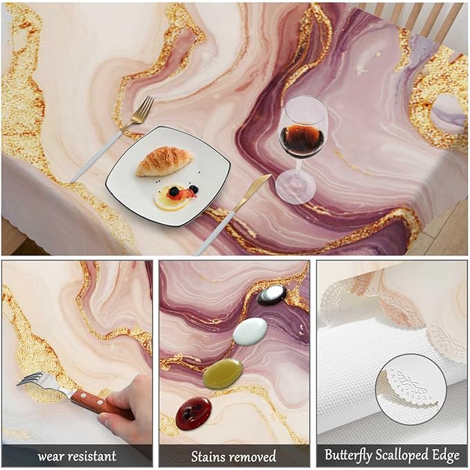 Swono Marble Tablecloth Abstract Pink Golden Waves Marble Pattern Rectangle Table Cloth Washable Plaid Table Cover for Kitchen Holiday Dinner, 52x 70 Inch Tablecloth