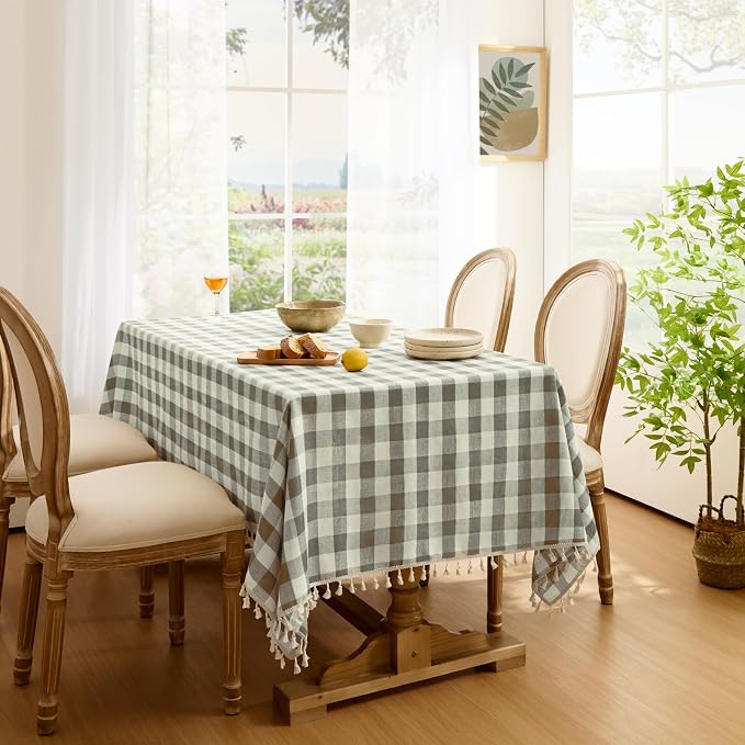 Softalker Checkered Tablecloth Rectangle, Outdoor Linen Cotton Gingham Table Cloth with Tassel, Heavy Duty Wrinkle Free Buffalo Plaid Table Cover for Kitchen Dining Home Party - 55 x 102 Inch, Coffee