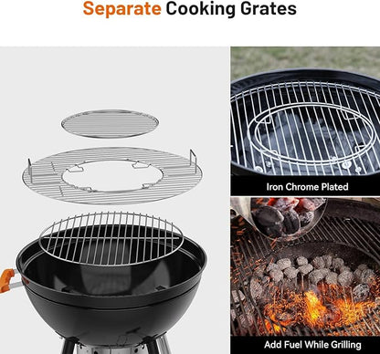 KEYO GRILL 22.5-inch Kettle Charcoal Grills, Portable Charcoal Grill with Adjustable Vents, One Click Cleaning System, Walnut Side Table Outdoor BBQ Grill for Camping, Tailgating and Backyard