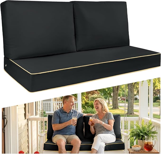 Outdoor Loveseat Cushion Set - High Back Deep Seat Patio Sofa & Back Pillows, Thick Comfort Foam 45x22 for Porch Deck Garden Furniture Replacement (Black)