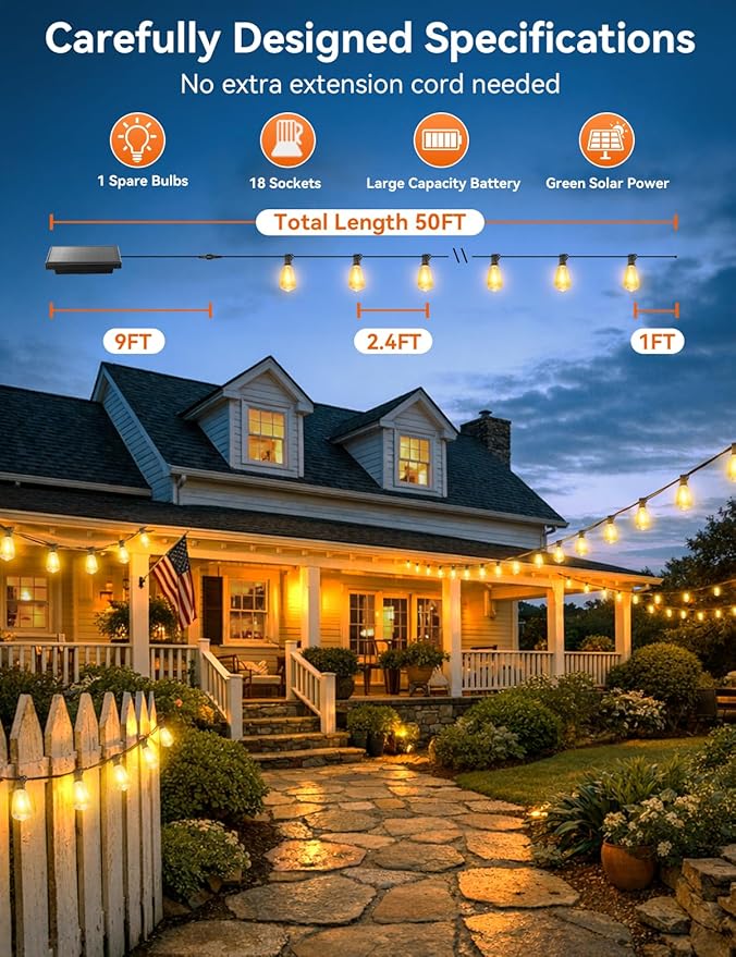 Brightever 50FT Solar String Lights Outdoor Waterproof, Patio Lights Solar Powered with Remote, 18+1 Shatterproof ST38 LED Bulbs, Dimmable&3 Lighting Modes, Hanging Outdoor Lights for Garden, Wedding