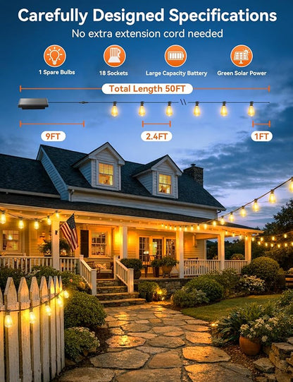 Brightever 50FT Solar String Lights Outdoor Waterproof, Patio Lights Solar Powered with Remote, 18+1 Shatterproof ST38 LED Bulbs, Dimmable&3 Lighting Modes, Hanging Outdoor Lights for Garden, Wedding