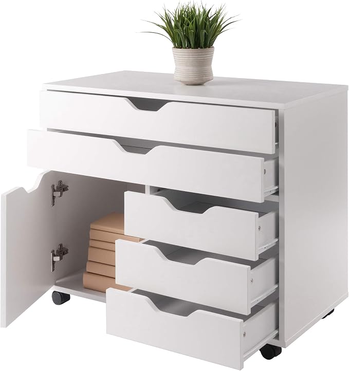 Winsome Halifax Mobile Storage Cabinet with 1 Door & 5 Drawers, White | Stylish & Functional Home Storage Cabinet for Filing, Kitchen Organization, Moveable Furniture for Office, Dorms, Apartments
