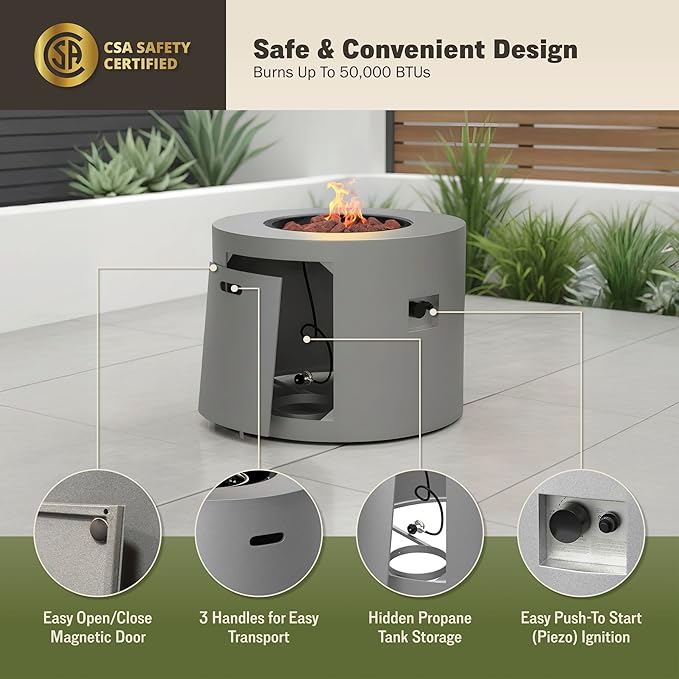 32 Inch Round Propane Fire Pit Table – 50,000 BTU Outdoor Gas Fire Table for Patio, Deck, Backyard, CSA Certified, Alloy Steel with Waterproof Cover, Lava Rocks & Lid, Gray