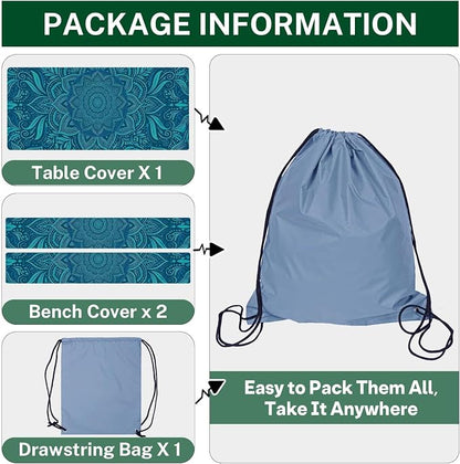 Picnic Table Cover with Bench Covers Elastic Edges, Boho Teal Camper Fitted Table Cover, Outdoor Camping Essentials 72 Inch 3PCS, Waterproof Camping Fitted Tablecloth with Drawstring Bag