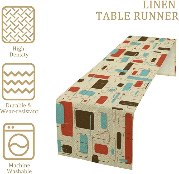 Retro Abstract Geometric Table Runner, Vintage Shapes Mid Century Colorful Boho Style Dinner Runner for Home Kitchen Dining Table Decoration 13"x36"