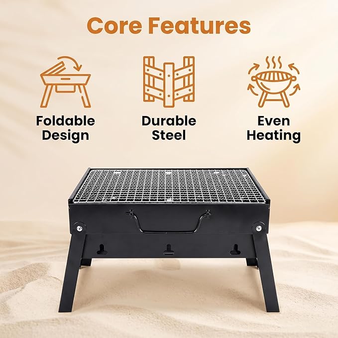 Foldable Small Portable Charcoal Grill, Mini BBQ Grill Tabletop Charcoal Grill, Compact Camping Grill for Outdoor Picnic Backyard, Reusable Alternative to Disposable Grills