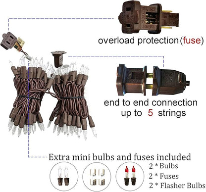 100 Clear Mini Brown Wire Christmas Lights 23ft Incandescent Waterproof UL Certified Fairy String Lights for Outdoor Indoor Home Party Holiday Xmas Tree Decoration