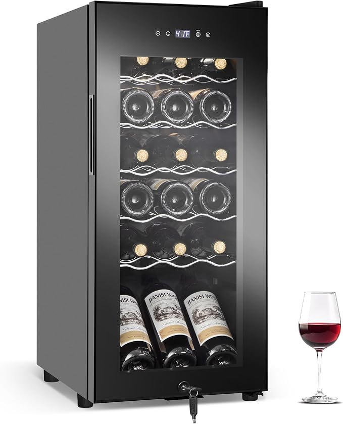 FoMup Wine Fridge 18 Bottles, Small Wine Cooler Refrigerator Freestanding with Digital Temperature Control Safety Lock, Frost Free for Red White Wine, Champagne