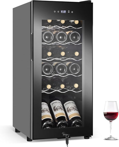 FoMup Wine Fridge 18 Bottles, Small Wine Cooler Refrigerator Freestanding with Digital Temperature Control Safety Lock, Frost Free for Red White Wine, Champagne