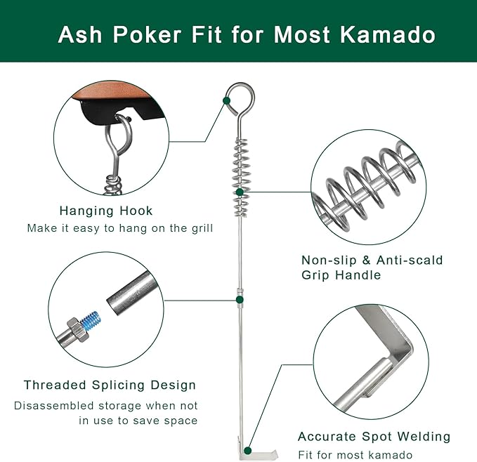 BBQ Ash Removal Tool Set for Big Green Egg Accessories, Kamado Grill Cleaning Tools Include Ash Rake and Ash Pan and Grill Grate Lifter(AT+AP+GG)