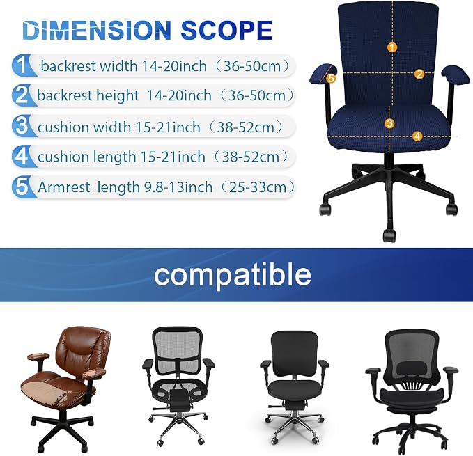 Tallew 4 Pcs Office Chair Covers Stretchable Armrest Seat,XL,Navy | Universal Fit Office Desk Chairs, Protective Seat Backrest Slipcovers, Stretchable Prevent Wear, Easy Install for Rotating
