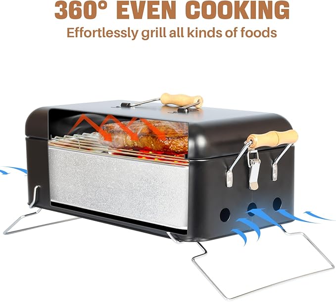 Portable Charcoal Grill 16.5" x 9", Tabletop BBQ Grill with Locking Lid & Wooden Handles for 2-4 People, Travel Size Ideal for Outdoor Camping Picnic, Easy Assembly