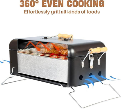 Portable Charcoal Grill 16.5" x 9", Tabletop BBQ Grill with Locking Lid & Wooden Handles for 2-4 People, Travel Size Ideal for Outdoor Camping Picnic, Easy Assembly