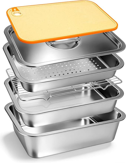 Pro 6 in 1 Grill Prep Tray and Carry System, Large Grilling Prep and Serve Tays with Lid and Cutting Board, Deep Meat Marinating Container as BBQ Grilling Gift, Pro Series, XL