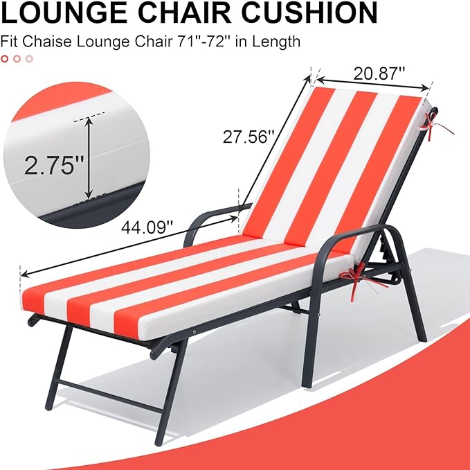 Crestlive Outdoor Chaise Lounge Cushions, 3 Years Fade Resistant Water Resistant Lounge Chair Cushion, 72''L x 21''W, Set of 2, Red Cabana Stripe