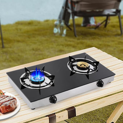 Gas Stove with 2 Burners, Portable Gas Stove with Independent Control, 2 Burners Gas Stove, Portable Tempered Glass Camping Burner, Countertop Gas Stove for Kitchen, Home and Commercial Use