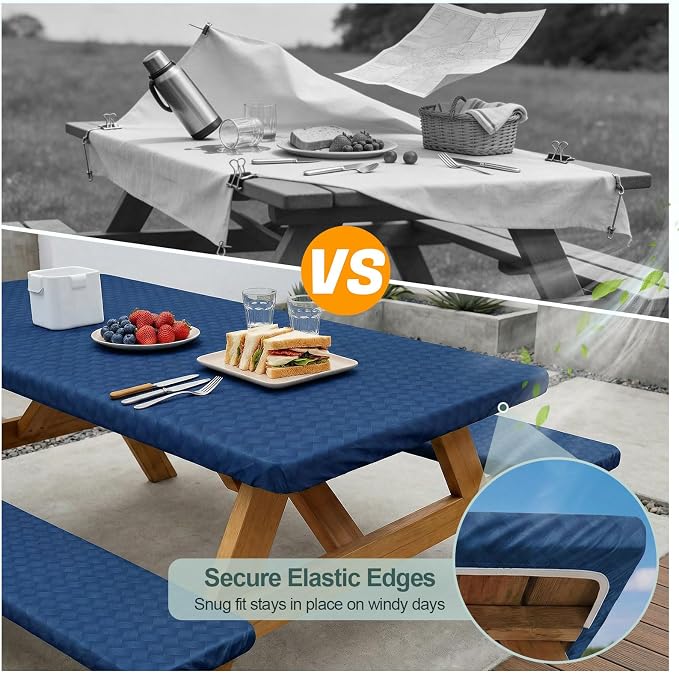 Picnic Table Cover Bench Covers Camping Essentials Tablecloth | Waterproof Vinyl for Outdoor, Windproof Elastic Fitted Edges, RV BBQ Accessories Must Haves, Storage Bag Included