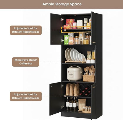 Keyluv 71" Kitchen Pantry Storage Cabinet, Kitchen Cabinet Hutch, Black | Freestanding Kitchen Hutch with Microwave Stand and Doors, Coffee Bar with Adjustable Shelves for Dining Room Living Room
