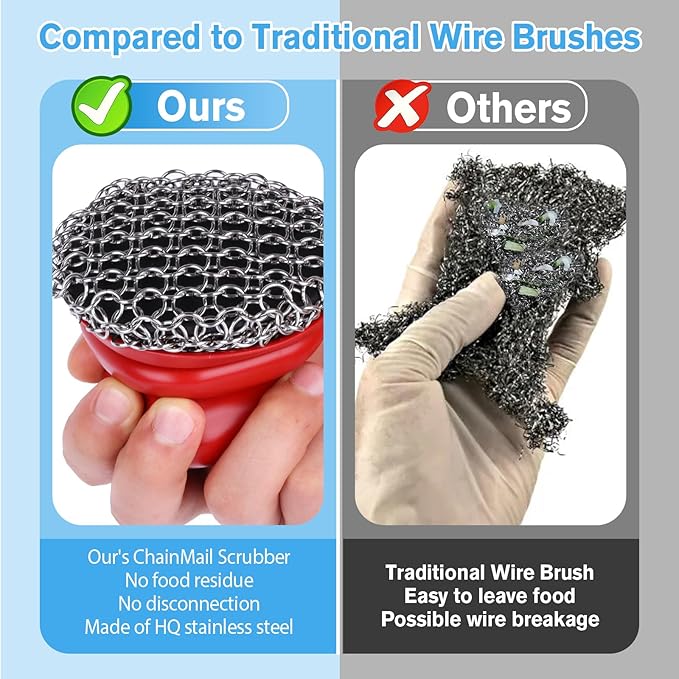 Cast Iron Scrubber and Scraper, Chain Mail Scrubber Cast Iron for Cleaning Dishes, Stock Pots, Pans, Griddles, Grills, Dish Scouring Pads