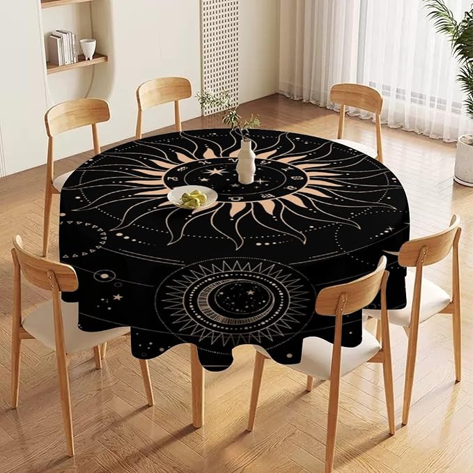 Vintage Tarot Moon Round Tablecloth Boho Mystical Crescent Cosmic Zodiac Star Galaxy Space Table Cloth Water Resistant Wipeable Table Cover for Picnic Party Holiday Kitchen Dinner Table 70"