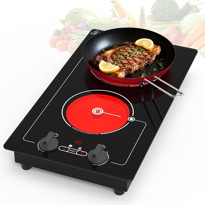 VBGK Electric cooktop, Built-in Design and CountertopStove Top with Knob Control&Touch Control,9 PowerLevel, Timer & Kid Safety Lock,110-120V 2100W 2burner Electric cooktop