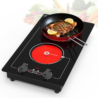 VBGK Electric cooktop, Built-in Design and CountertopStove Top with Knob Control&Touch Control,9 PowerLevel, Timer & Kid Safety Lock,110-120V 2100W 2burner Electric cooktop
