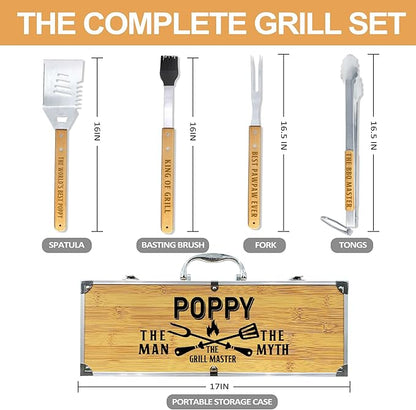 Poppy Gifts from Grandkids Fathers Day, Heavy Duty Wooden BBQ Grilling Accessories Kit for Backyard, Poppy Thick Stainless Steel Grill Utensils with Non-Slip Handle Tools in Portable Bag Birthday