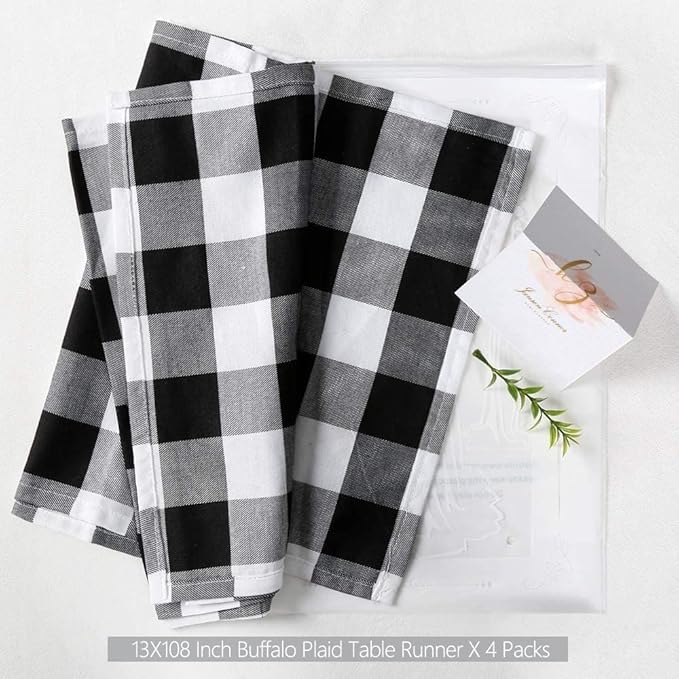Black and White Plaid Table Runner Checker Buffalo Table Runner 4 Pieces 13 x 108 Inch Table Cover for Halloween Party Outdoor Family Fall Decorations
