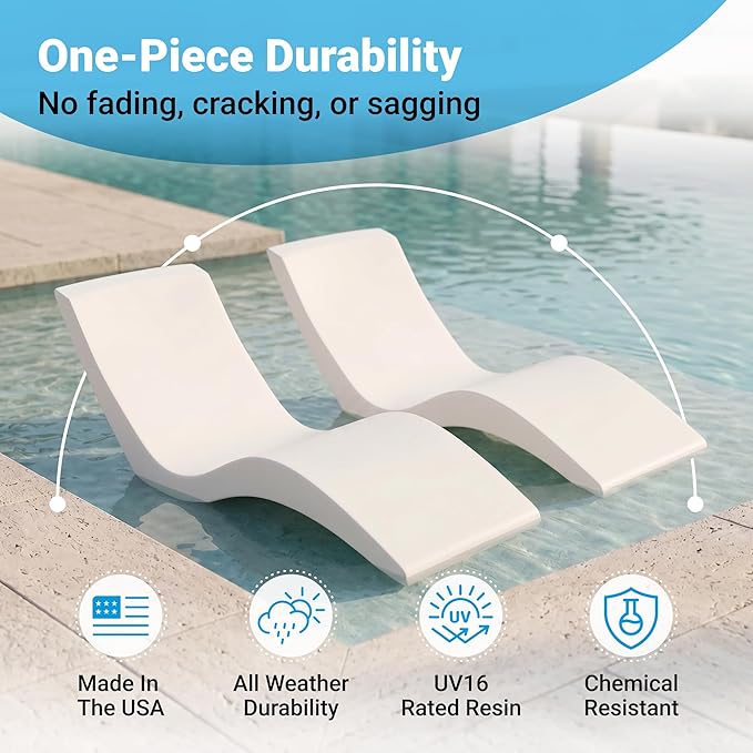 Aqua Outdoors Pool Chaise Lounge Chairs for Ledge & Shelf, Water-Weighted Pool Lounger for Depths Up to 9”, No Screw Plugs & Tools Needed, Classic White Ledge Lounger, Set of 2