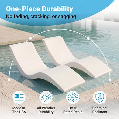 Aqua Outdoors Pool Chaise Lounge Chairs for Ledge & Shelf, Water-Weighted Pool Lounger for Depths Up to 9”, No Screw Plugs & Tools Needed, Classic White Ledge Lounger, Set of 2