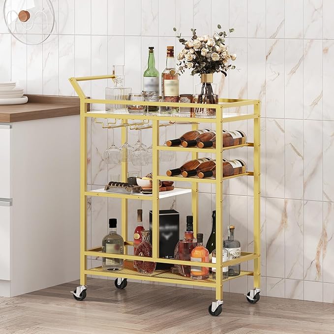 MAHANCRIS Bar Cart for Home, 3-Tier Serving Cart with Glass Top, Beverage Cart with Wine Rack and Glass Holder, Drink Cart with Wheels, for Dining Room, Living Room, Gold and White RCJM71B01