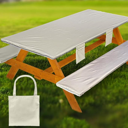 Wrakus Picnic Table Cover with Bench Covers Vinyl Elastic Edges Fitted Rectangle Seat Tables Waterproof 3-Piece96X30in Set Outdoor Rectangular Folding Backing Tablecloth for Camping Over Size