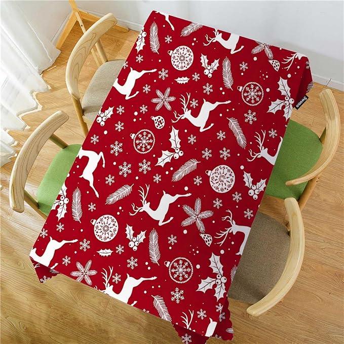 Swono Decorative Rectangle Table Cloth Christmas Deer, Winter Deers Snowflakes Holly Berry Polyester Tablecloth Kitchen Table Cover for Dining BBQ Picnic Coffee Table 50x72, 4-6 Seats