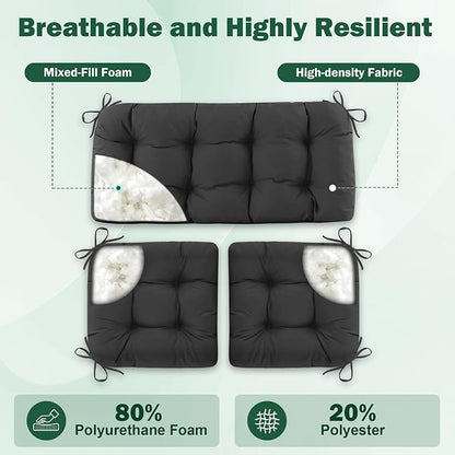 Outdoor Wicker Chair Cushions, 44×19×4 in, Waterproof, Dark Grey | Waterproof Wicker Furniture Cushions, Fade Resistant, 3 Piece Patio Furniture Cushions Set for Bench, Loveseat, Swing, Settee