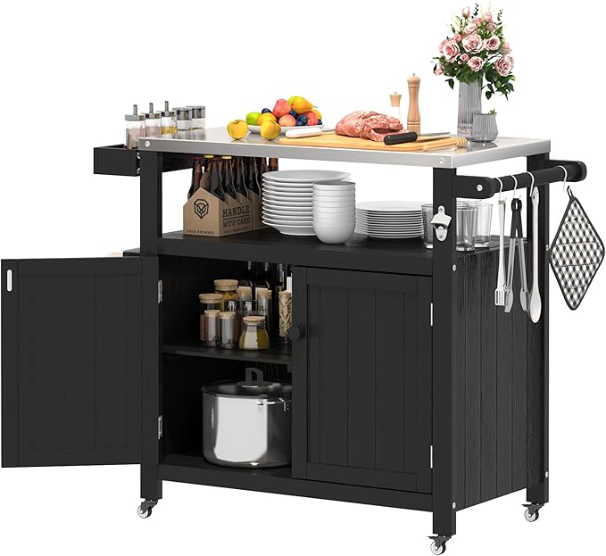 Weatherproof HIPS Outdoor Kitchen Island with Stainless Steel Top & Storage Cabinet, Movable Prep Table with Wheels for BBQ Food Prep, Outdoor Grill Cart for Parties, Black