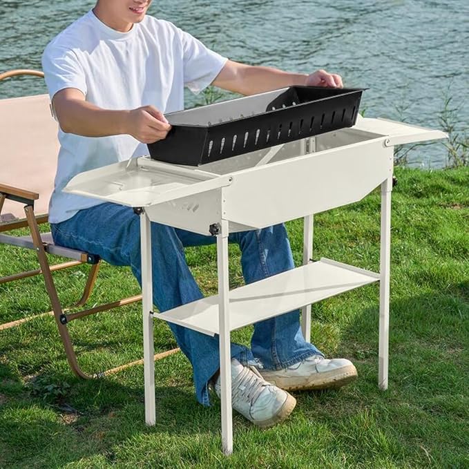 GIZNXBA Portable Charcoal Grill Foldable, Portable BBQ Charcoal Grill with Shelf, BBQ Lamb Skewer Folded Camping Barbecue Grill for Garden Backyard Party Picnic Travel Outdoor(Color:/Black)