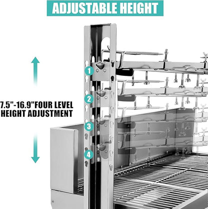 Rotisserie Grill Charcoal Spit Roaster, Stainless Steel 48.6" Pig Lamb Hooded Roaster Charcoal Spit With 25W Motor & Adjustable Height Lockable Casters For Party Barbecue,176 LBS With Baffle