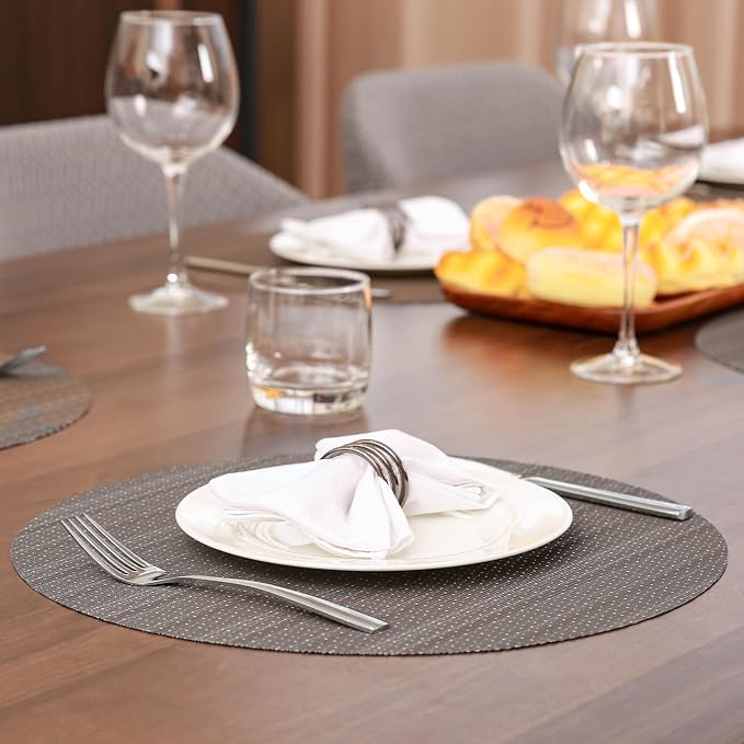15 Inch Round Placemats Set of 4, Washable Vinyl Woven Place Mats | Heat Resistant Non-Slip Braided Table Mats for Dining Table Kitchen Indoor & Outdoor Use (Dark Gray, Set of 4)