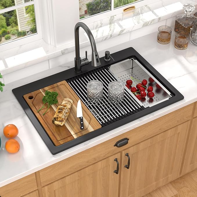 33 Inch Granite Composite Kitchen Sink - Matte Black Drop In Granite Kitchen Sink, Workstation Classic Quartz Top Mount Single Bowl Sinks Basin for Modern Kitchen, 33"x22" #TLGT-107