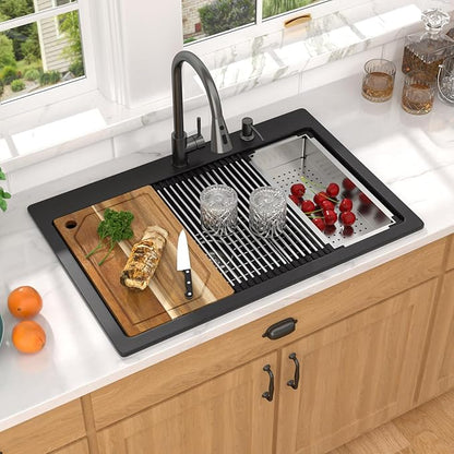 33 Inch Granite Composite Kitchen Sink - Matte Black Drop In Granite Kitchen Sink, Workstation Classic Quartz Top Mount Single Bowl Sinks Basin for Modern Kitchen, 33"x22" #TLGT-107