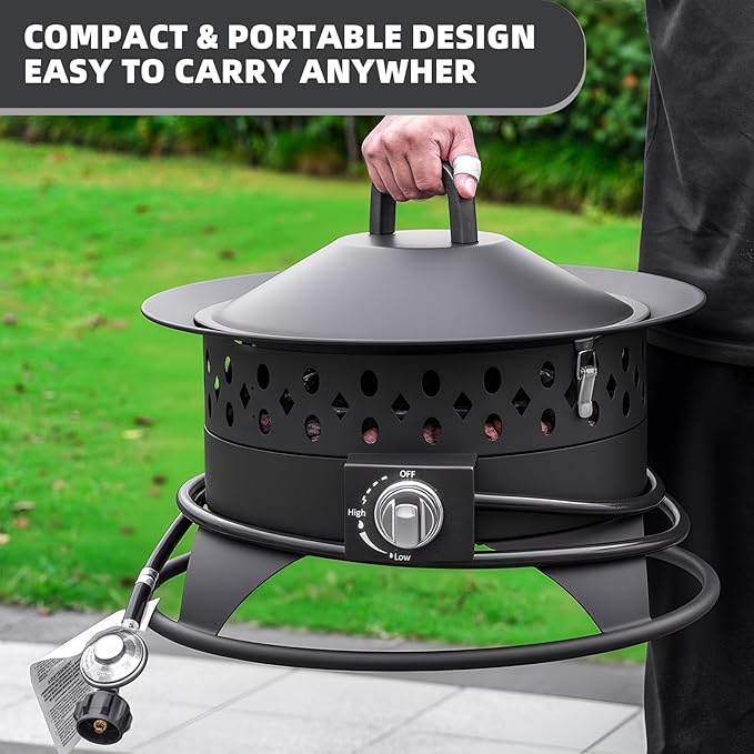 Breezz 20” Outdoor Fire Pit with Grill, 60000 BTU Smokeless Firepit, External Propane Required, Foldable Cooking Grate, Adjustable Flame, Patio Camping BBQ