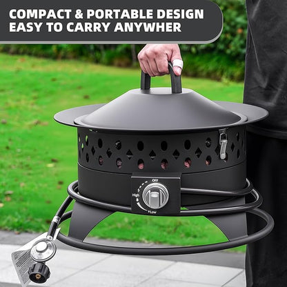Breezz 20” Outdoor Fire Pit with Grill, 60000 BTU Smokeless Firepit, External Propane Required, Foldable Cooking Grate, Adjustable Flame, Patio Camping BBQ